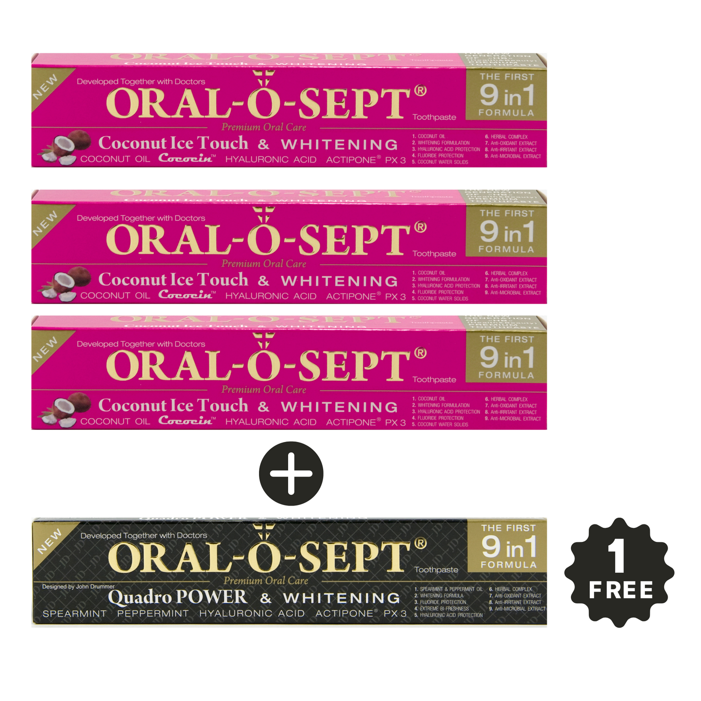 ORAL-O-SEPT Premium Toothpaste Coconut Ice Touch & WHITENING (Pack of 3+1 GRATIS)