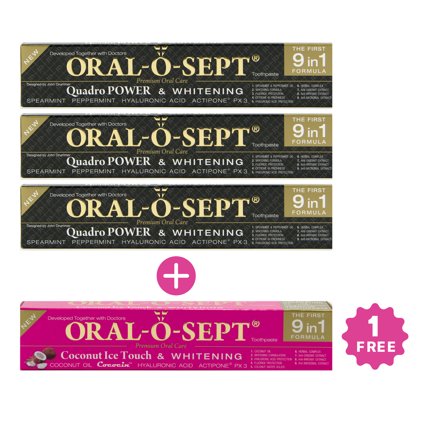 ORAL-O-SEPT Premium Toothpaste Quadro POWER & WHITENING (Pack of 3+1 GRATIS)