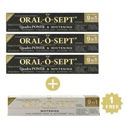 ORAL-O-SEPT Premium Toothpaste Quadro POWER & WHITENING (Pack of 3+1 GRATIS)